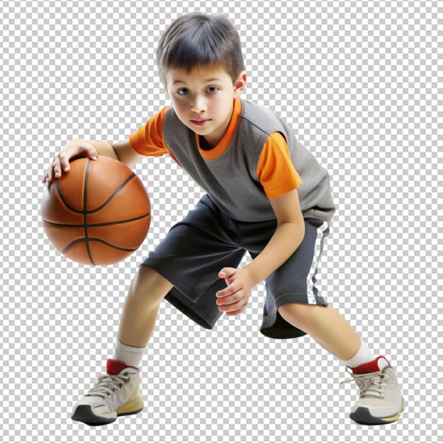 Niño jugando al baloncesto aislado en un fondo transparente