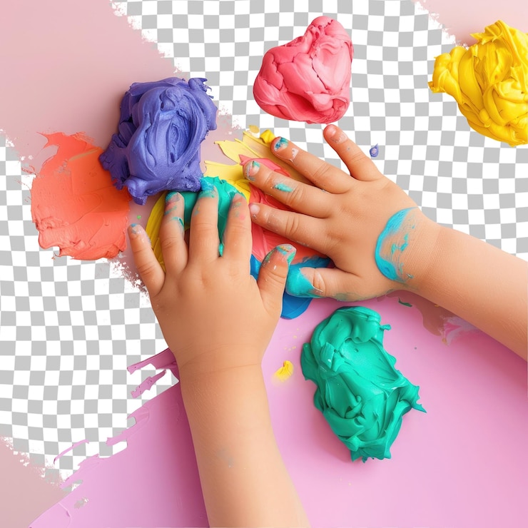 PSD un niño jugando con los colores del arco iris en un fondo rosa