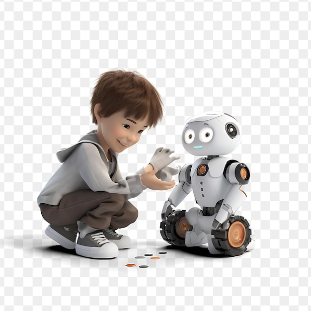 PSD un niño jugando con un robot y un robot con una sonrisa en la cara