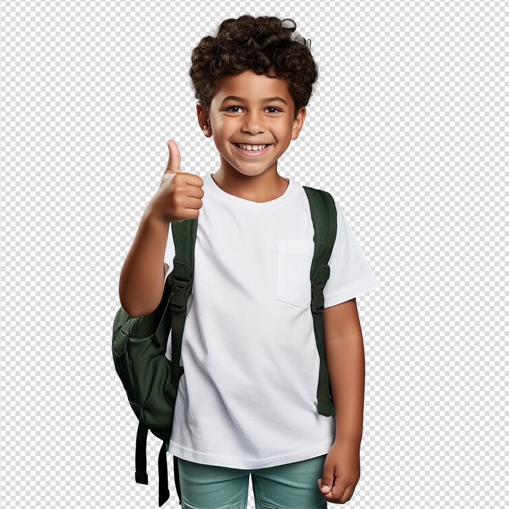 Niño latinoamericano con mochila escolar mostrando los pulgares hacia arriba PSD en un generativo transparente Ai