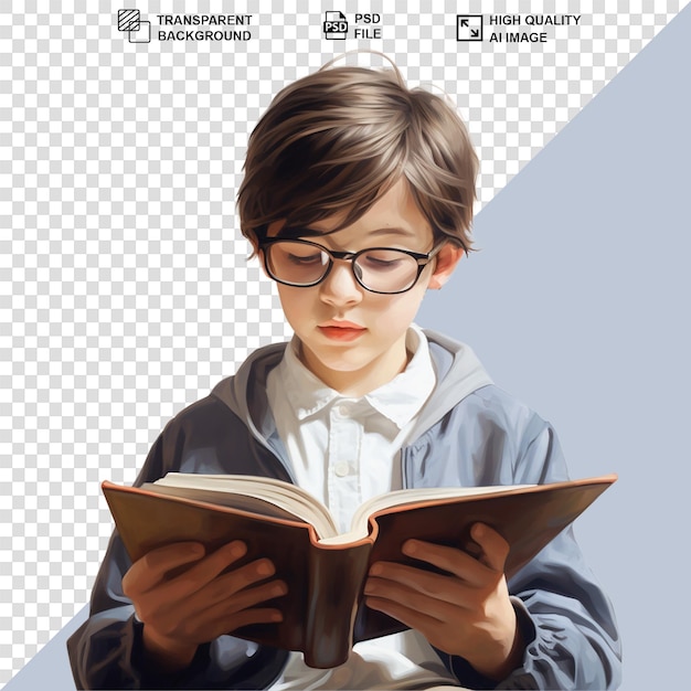 Un niño leyendo un libro aislado en un fondo transparente