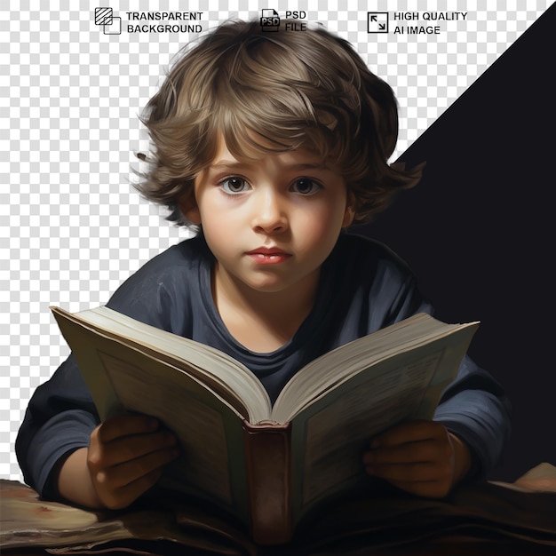 Un niño leyendo un libro aislado en un fondo transparente