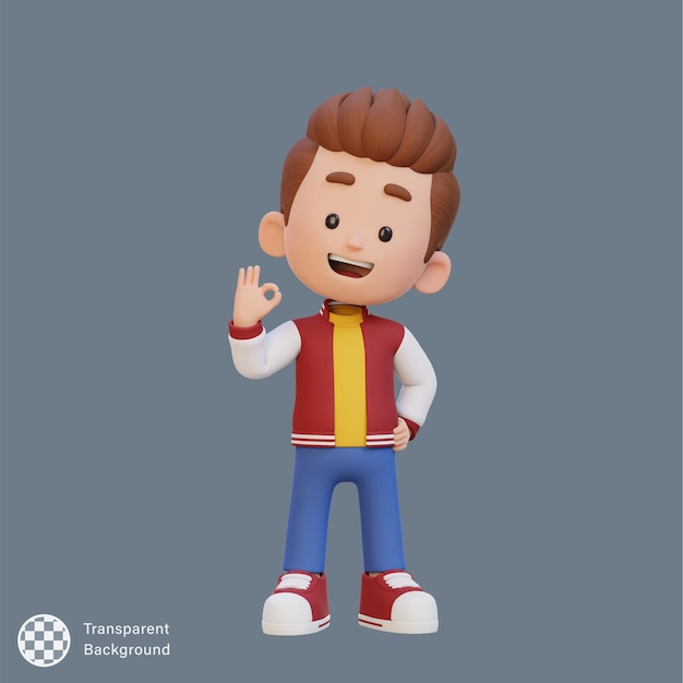 Niño lindo en 3D, da una señal de OK.