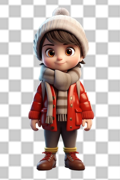 Un niño lindo en 3D con una hermosa chaqueta de invierno.