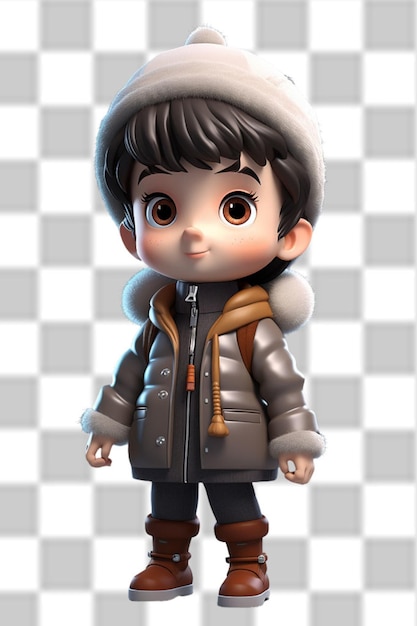 Un niño lindo en 3D con una hermosa chaqueta de invierno.