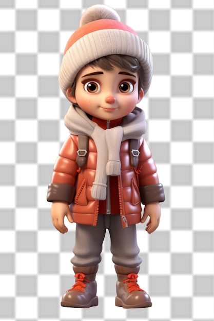 Un niño lindo en 3D con una hermosa chaqueta de invierno.