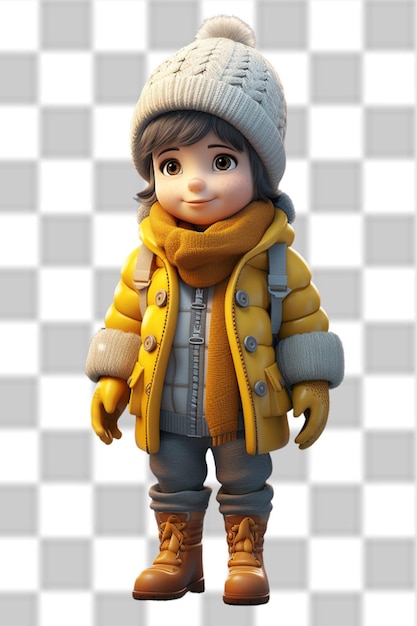 Un niño lindo en 3D con una hermosa chaqueta de invierno.