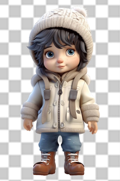 Un niño lindo en 3D con una hermosa chaqueta de invierno.