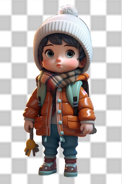 Un niño lindo en 3D con una hermosa chaqueta de invierno.