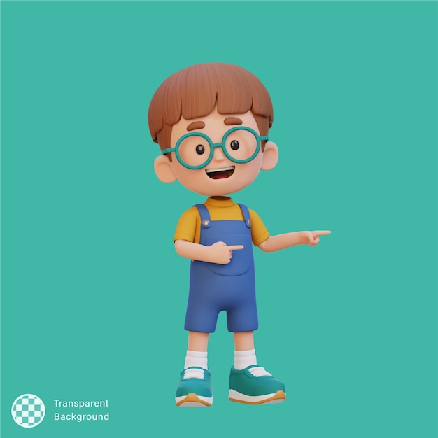 Niño lindo en 3D señalando con la mano hacia el lado