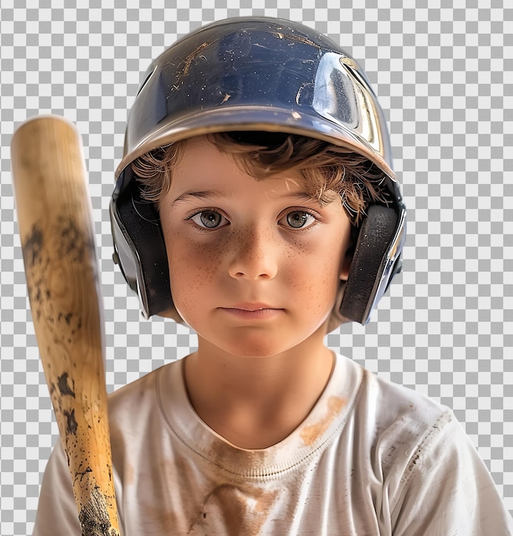 PSD un niño lindo con un bate de béisbol aislado en un fondo transparente