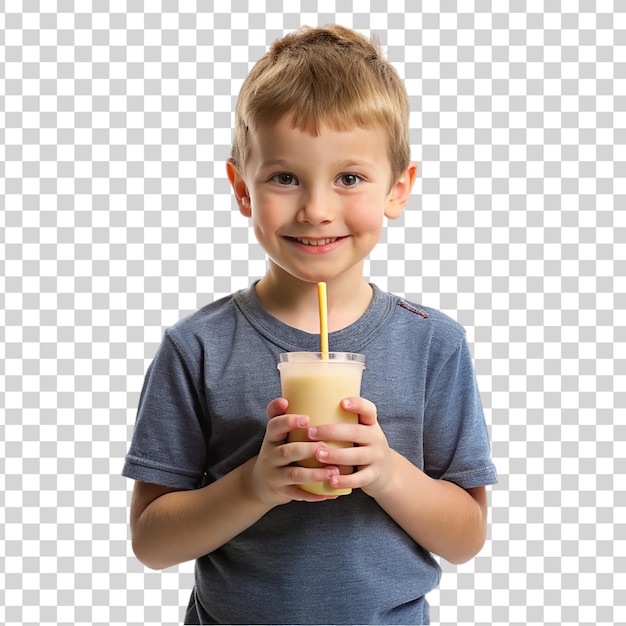 PSD un niño lindo bebiendo un batido y sonriendo aislado en un fondo transparente