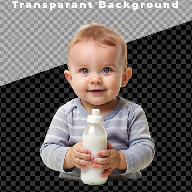 PSD niño lindo con una botella de leche aislada sobre un fondo transparente
