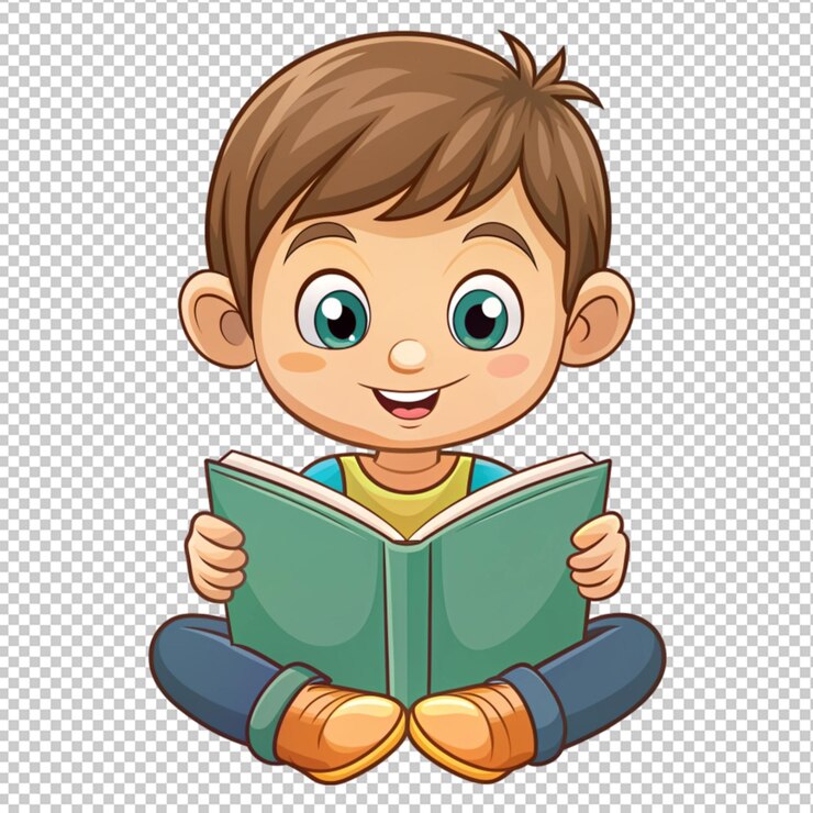 PSD un niño lindo de dibujos animados leyendo un libro