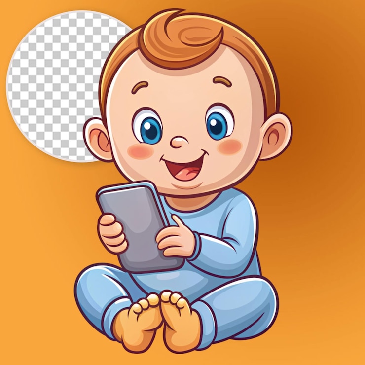 PSD un niño lindo jugando a los dibujos animados del teléfono