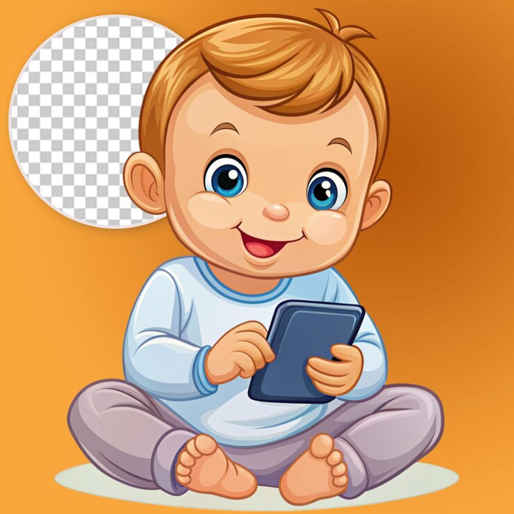 PSD un niño lindo jugando a los dibujos animados del teléfono