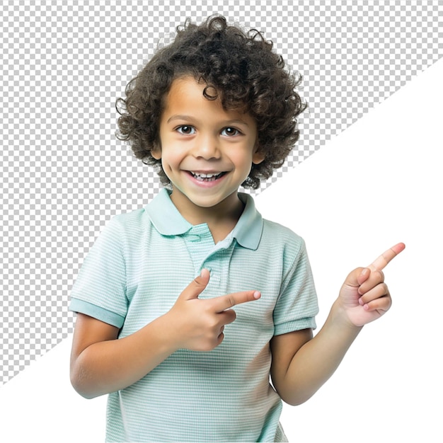 PSD un niño lindo de pie y posando a un lado con el dedo en un fondo transparente