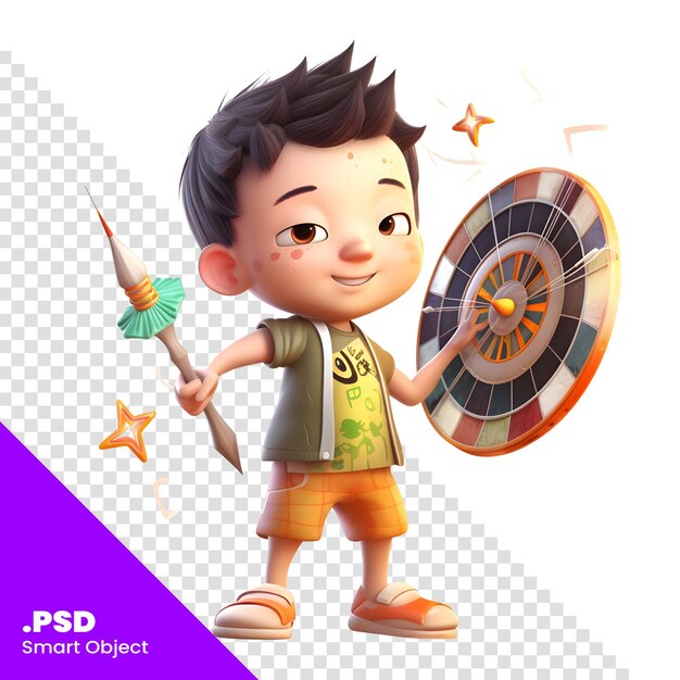 PSD niño lindo con una plantilla de psd de renderización 3d de dardos