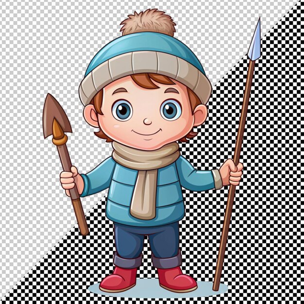 PSD un niño lindo en ropa de invierno sosteniendo un vector de lanza en un fondo transparente