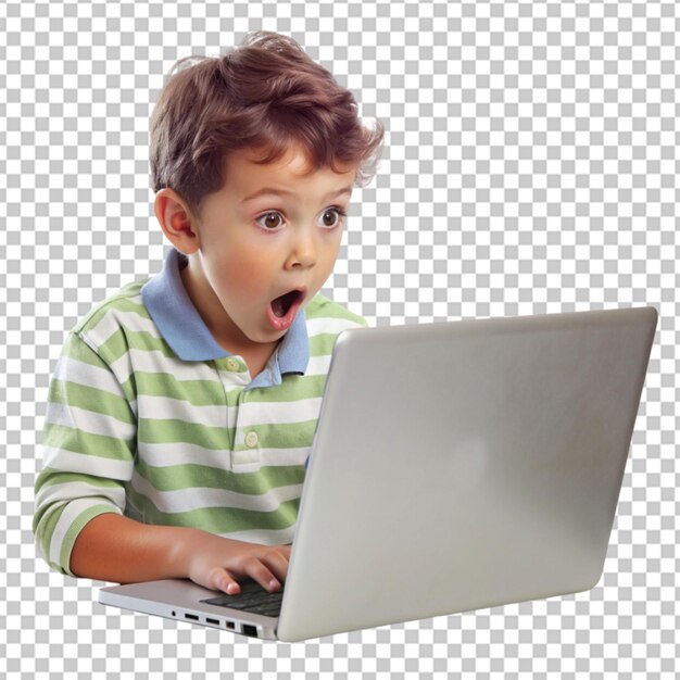 niño lindo sorprendido mirando fijamente la pantalla de la computadora portátil de fondo transparente