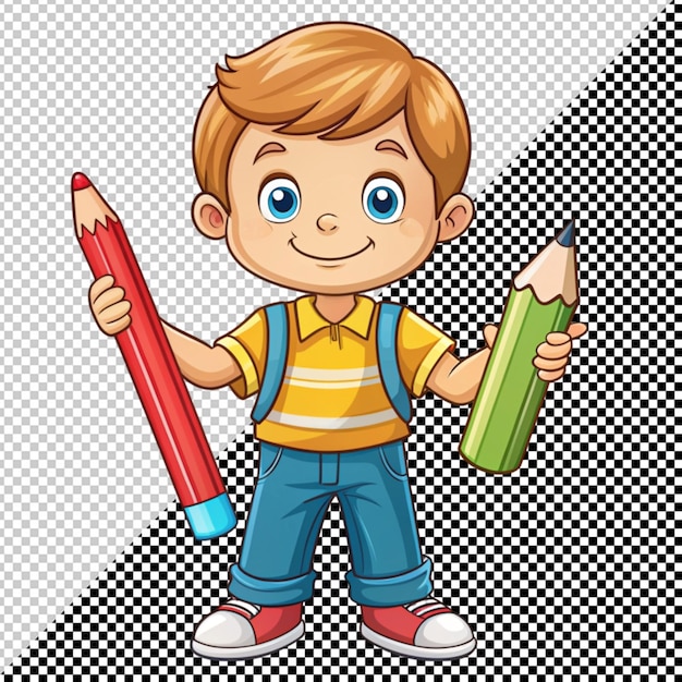 PSD un niño lindo sosteniendo un lápiz vectorial en un fondo transparente