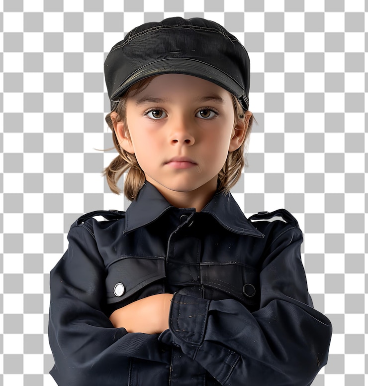 PSD un niño lindo con uniforme de policía en un fondo transparente aislado