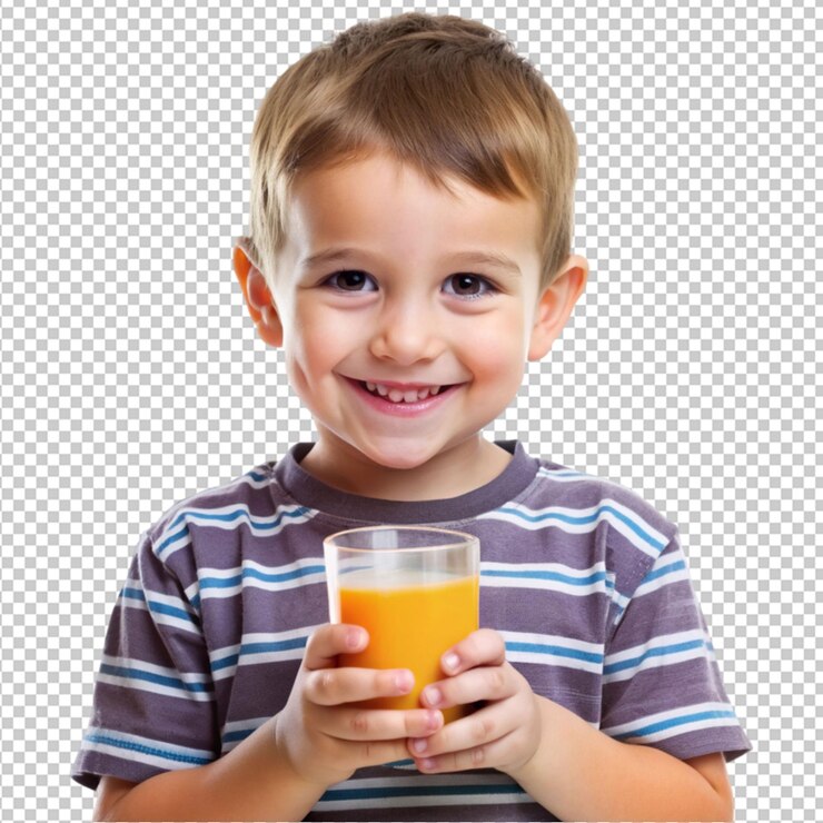 PSD un niño lindo con un vaso de jugo