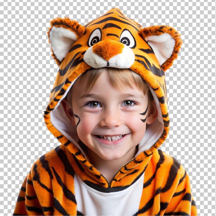 PSD un niño lindo vestido de tigre para halloween en un fondo transparente