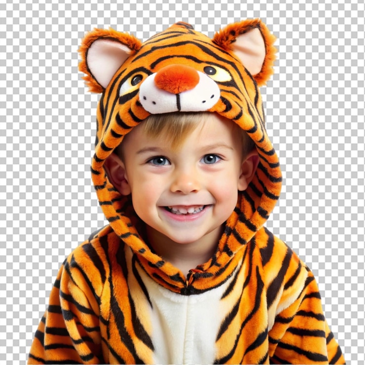 PSD un niño lindo vestido de tigre para halloween en un fondo transparente