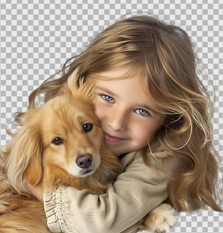 PSD niño con mascota de perro en un fondo transparente aislado