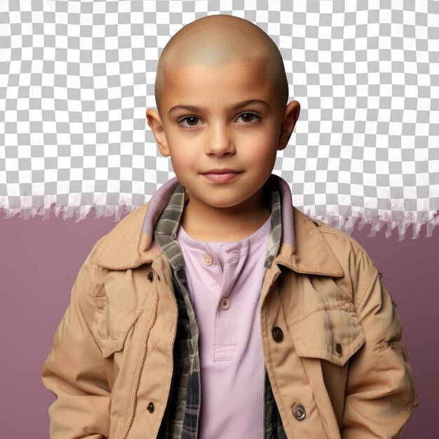 Un niño médico de cabello calvo posa con atuendo de vida silvestre sonriendo con los ojos bajos contra un fondo de lila pastel