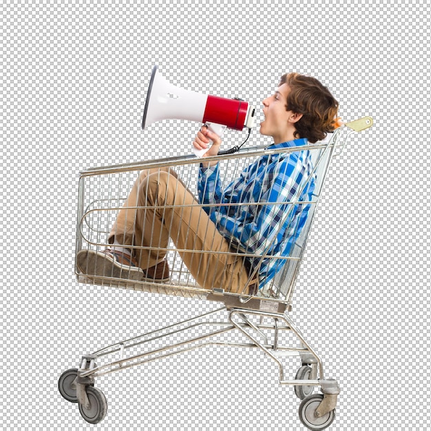 Niño con un megáfono en un carrito de compras