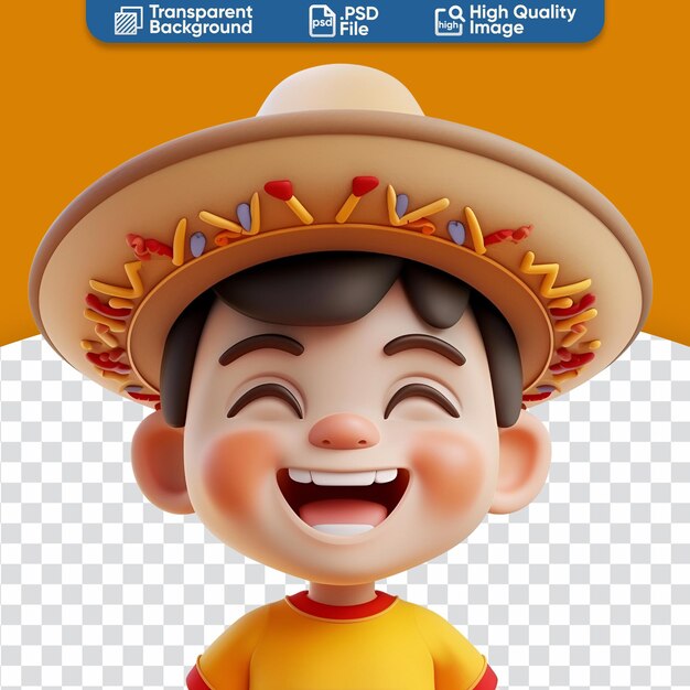 PSD niño mexicano jubiloso con sombrero en celebración renderizado de dibujos animados en 3d