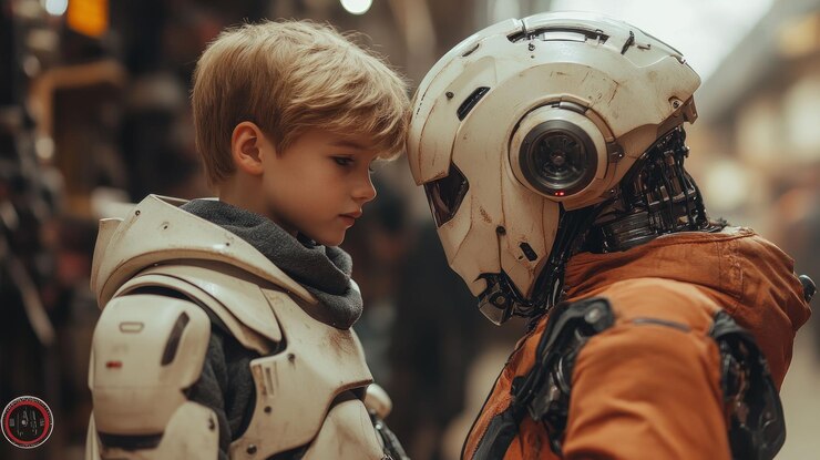PSD un niño mira atentamente a un robot una imagen futurista que representa la relación entre los humanos y la tecnología