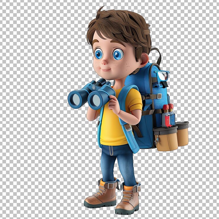 PSD un niño con una mochila y una cámara en la mano en un fondo transparente png