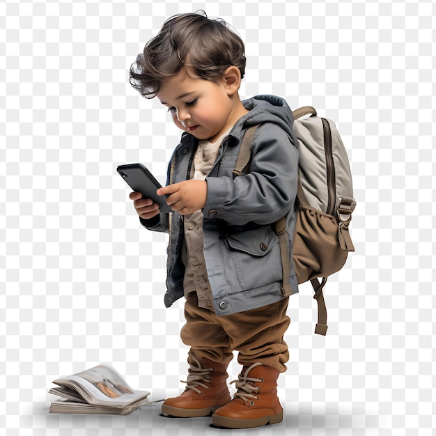 PSD un niño con una mochila y un libro en el suelo