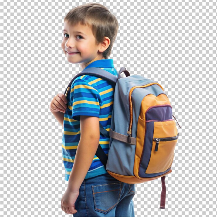 PSD niño con mochila y yendo a la escuela en fondo blanco