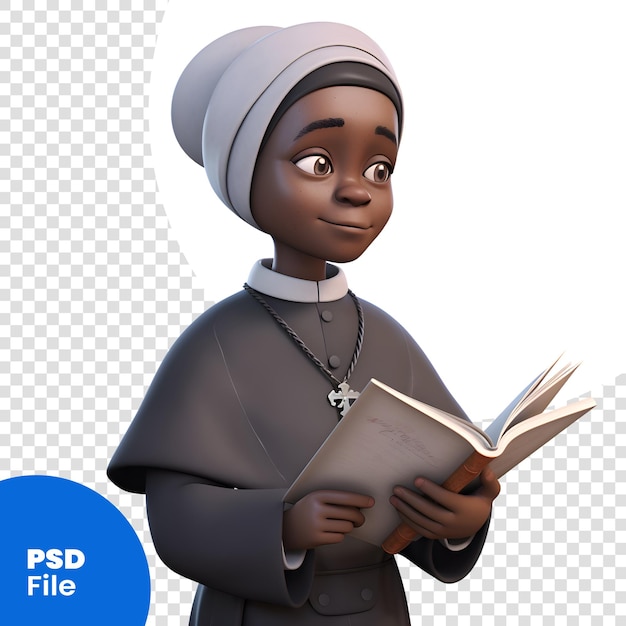 Niño musulmán leyendo un libro renderización 3d plantilla psd de personaje de dibujos animados