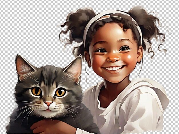 Un niño negro sosteniendo un gato con una gran sonrisa