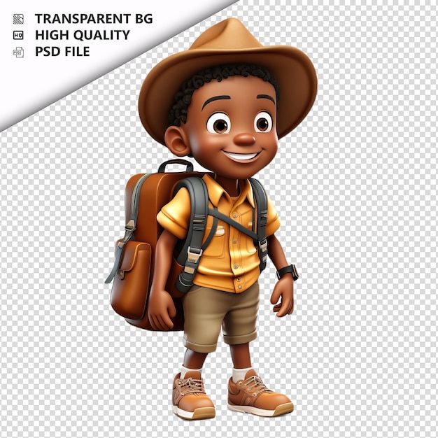 PSD niño negro viajando en 3d estilo de dibujos animados fondo blanco iso