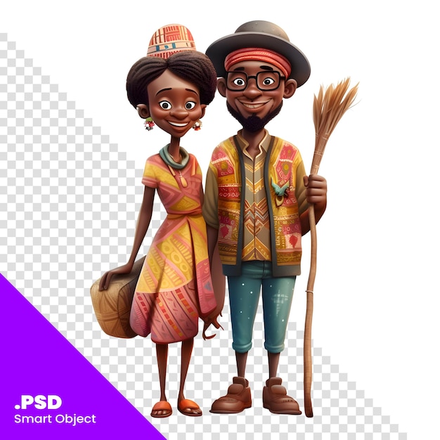 PSD niño y niña africanos con ropa tradicional con una escoba y un sombrero