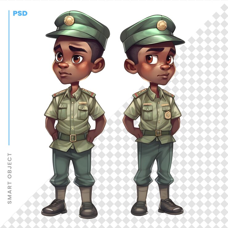 PSD niño y niña afroamericanos con uniforme militar ilustración de dibujos animados vectoriales