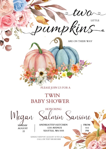 PSD niño y niña calabazas gemelas divertidas tarjeta de invitación a la ducha de bebés
