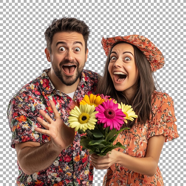PSD un niño y una niña de papúa nueva guinea se regalan flores sobre un fondo transparente
