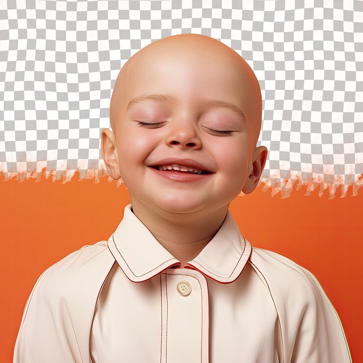 PSD niño nórdico calvo indignado sonriendo en traje de biólogo marino posando con los ojos cerrados en telón de fondo de mandarina