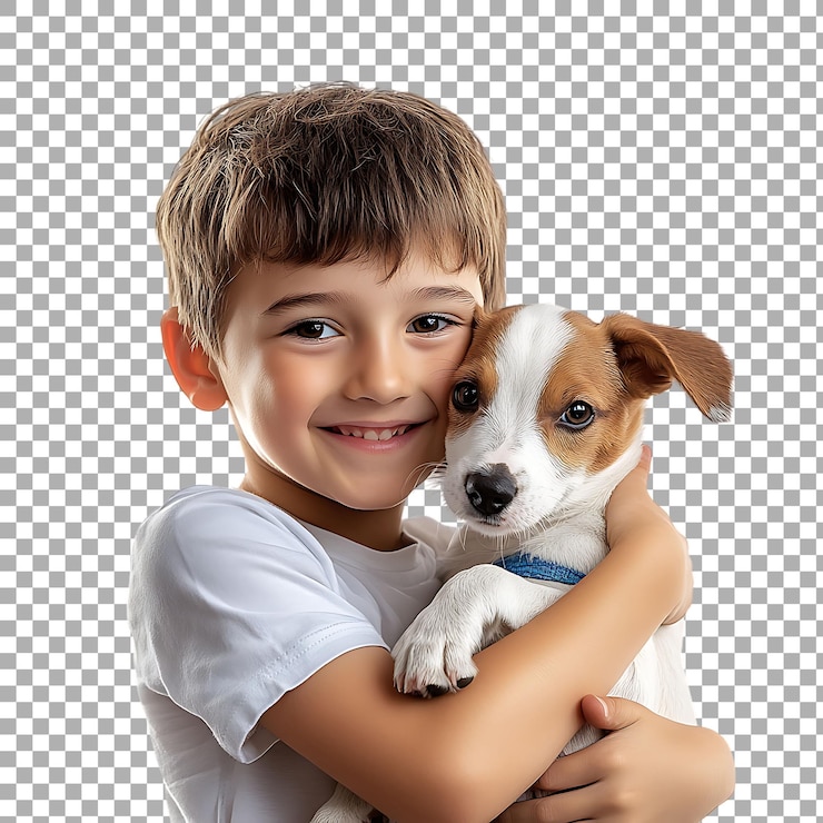 PSD niño de papua nueva guinea con perro de mascota aislado contra un fondo transparente para proyectos de mascotas familiares o de amistad