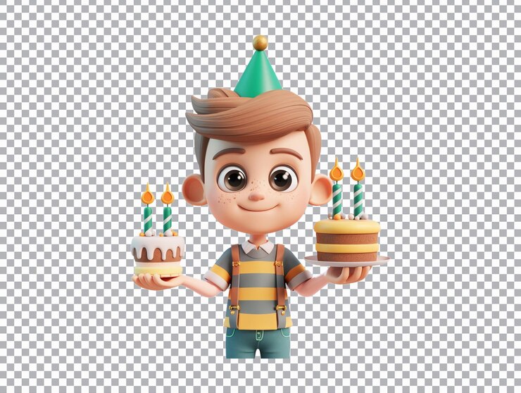 PSD niño con un pastel de cumpleaños aislado en un fondo transparente