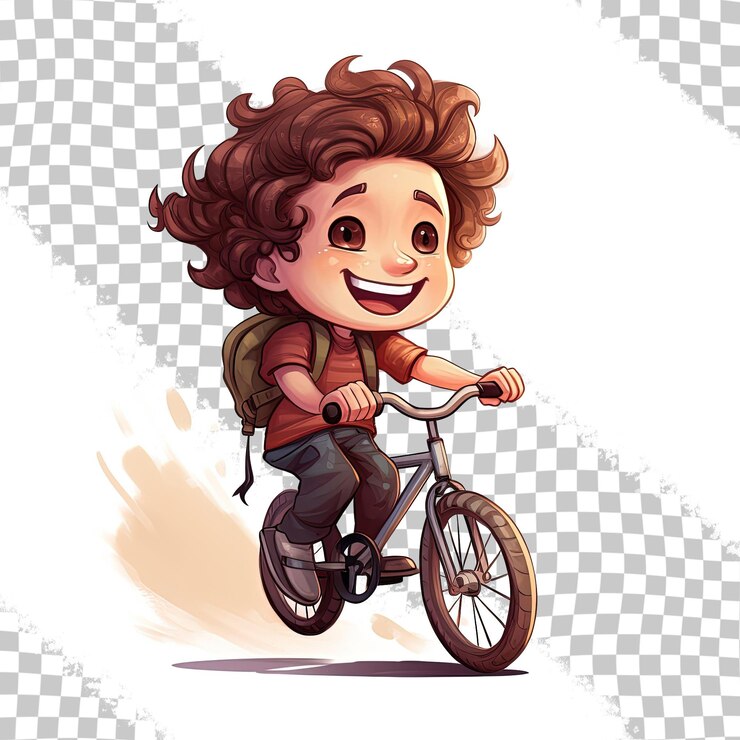 PSD un niño de pelo rizado andando alegremente en bicicleta sobre un fondo transparente