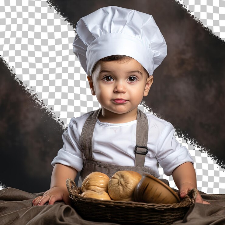 PSD niño pequeño de las antillas posando como cocinero en un retrato de estudio aislado sobre un fondo transparente