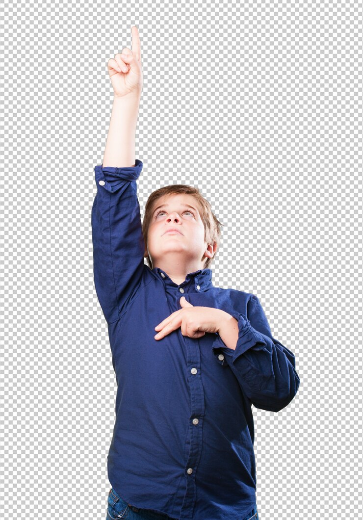 PSD niño pequeño apuntando hacia arriba con su dedo